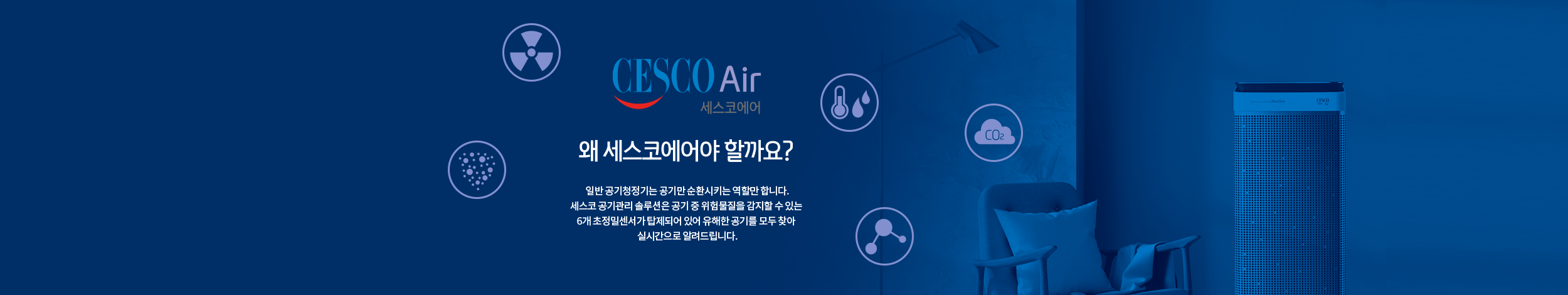 블루를 테마로 한 세스코(CESCO) 공기청정기의 기능을 텍스트와 그래픽으로 표현한 배너입니다.