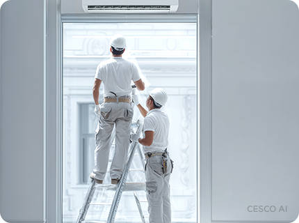 안전모를 쓰고 작업복을 입은 두명의 근로자가 작업중입니다.