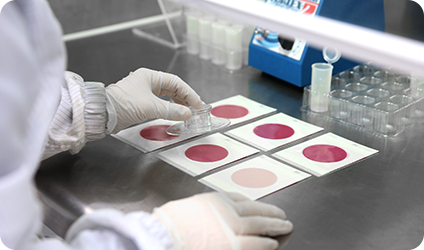 테이블 위에서 식품 위생 연구를 하고 있는 연구원의 손