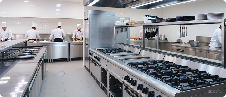 식품 관련 시설 주방에서 요리사들이 요리를 하고 있습니다.