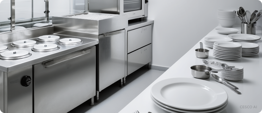 식품 관련 시설 주방에 조리기구와 식기들이 놓여 있습니다.