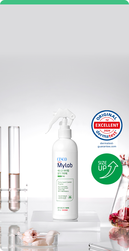 세스코(CESCO) 마이랩(Mylab)의 모기기피제 스프레이타입 290ml 제품과 더마테스트 통과 마크가 있습니다.