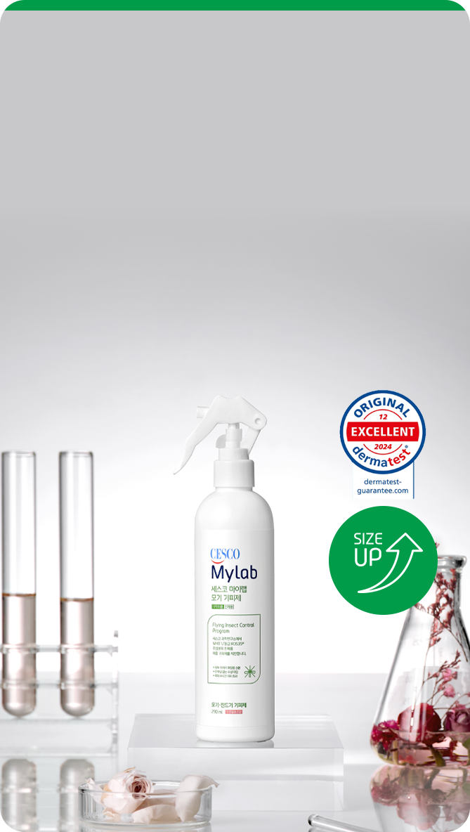 세스코(CESCO) 마이랩(Mylab)의 모기기피제 스프레이타입 290ml 제품과 더마테스트 통과 마크가 있습니다.