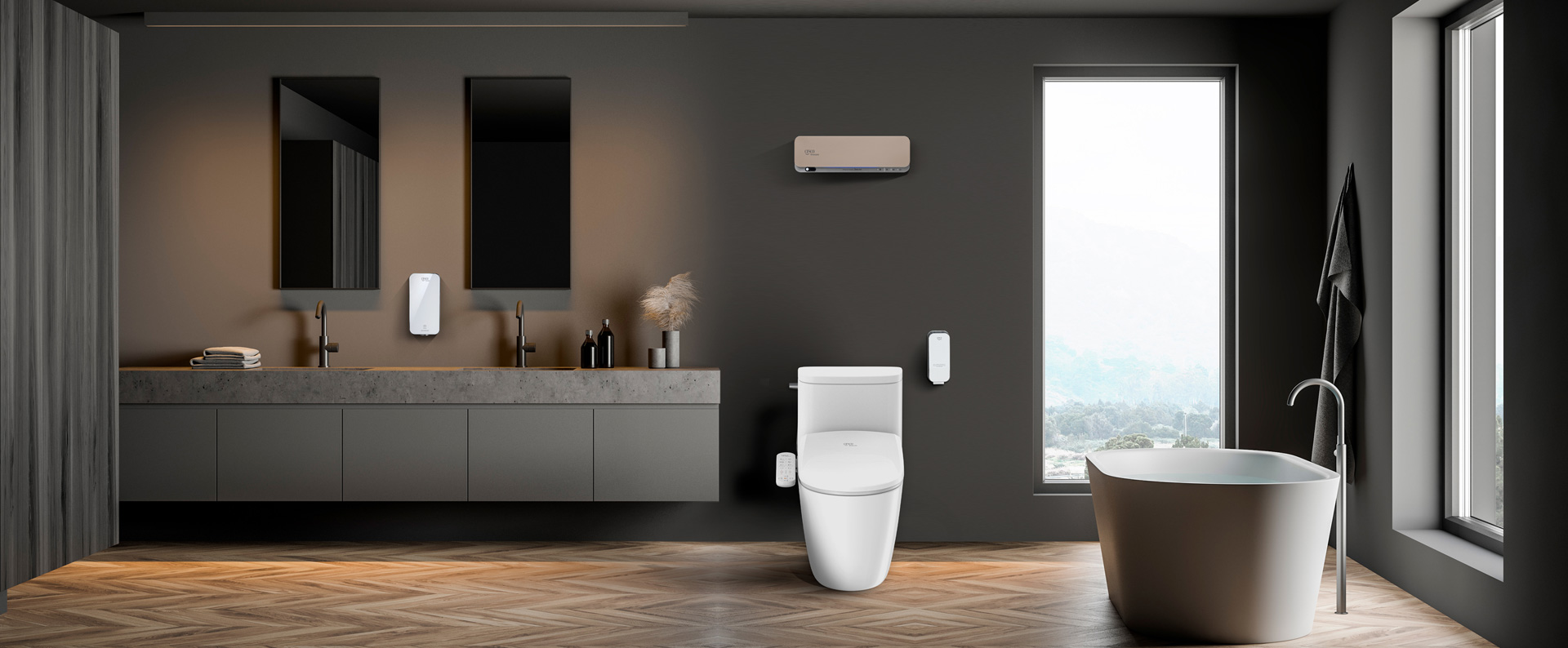 세스코(CESCO)의 바디케어 관련 제품(핸드제닉, 공기살균기, 유어핏 비데, 프레쉬제닉)이 설치된 화장실 내부입니다.