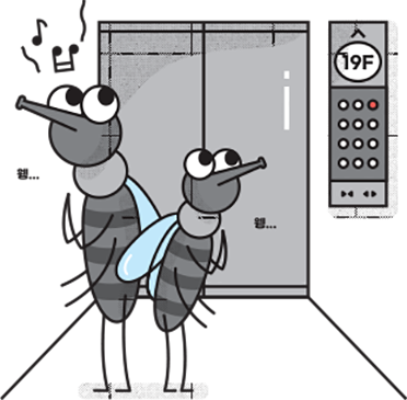 모기의 특징(모기 지피지기) - 엘리베이터를 통한 비접촉식 방법으로 고층 출입을 하는 의인화된 모기의 모습입니다.