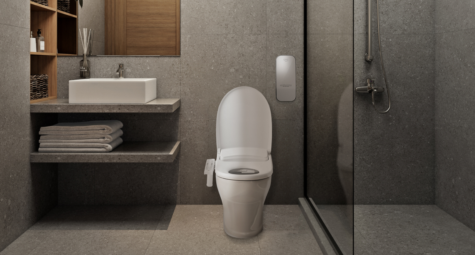 객실 내 화장실에는 벽걸이형 세면대와 세스코(CESCO) 유어핏 비데가 설치되어 있고, 변기 우측에는 자동 변기세정 살균기 프레쉬제닉이 있습니다.